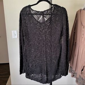 Elan Black Knit Size Large Gold Detail Long Sleeved Lace Backside Dress Tunic